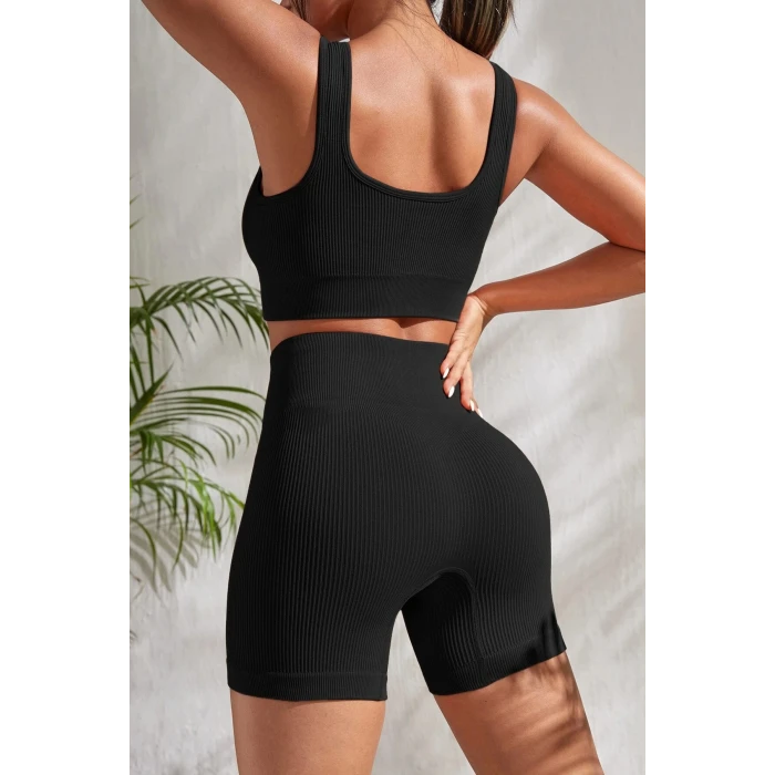 ieg™ Kadın Siyah Kalın Askılı Yüksek Bel Şortlu Gecelik Takımı