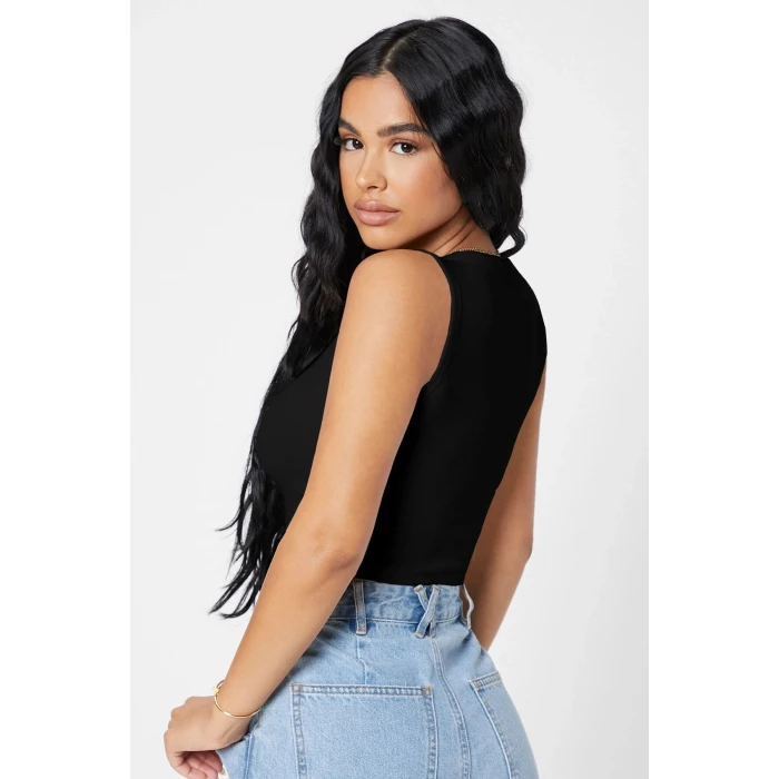 ieg™ Kadın Siyah Kare Yaka Crop Top Bluz