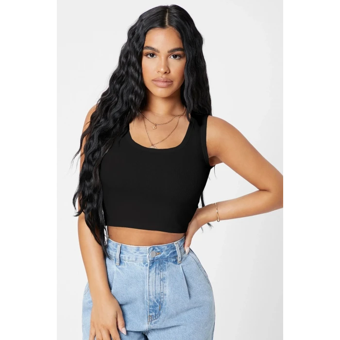 ieg™ Kadın Siyah Kare Yaka Crop Top Bluz