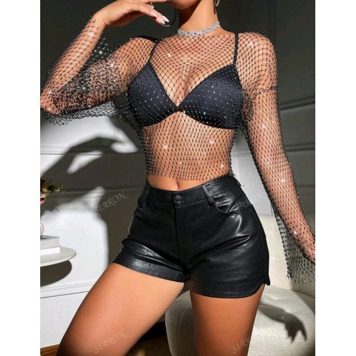 ieg™ Kadın Siyah Kristal Taşlı File Crop