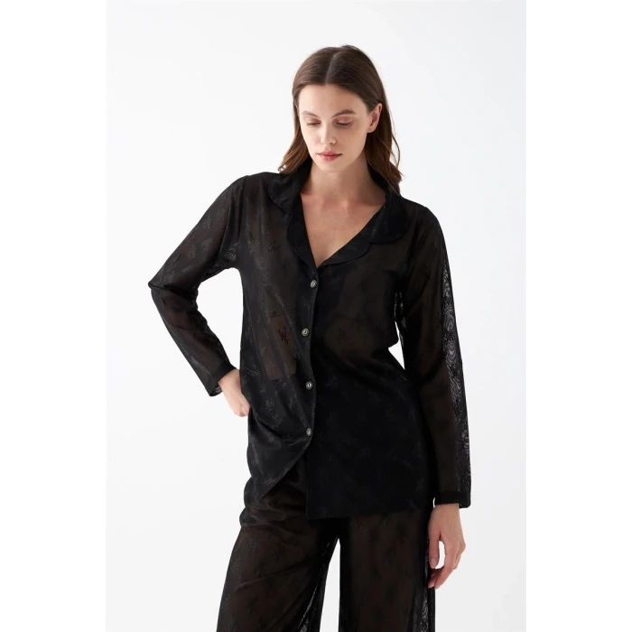 ieg ™ Kadın Siyah Şeffaf Jakar Düğmeli Pijama Takımı