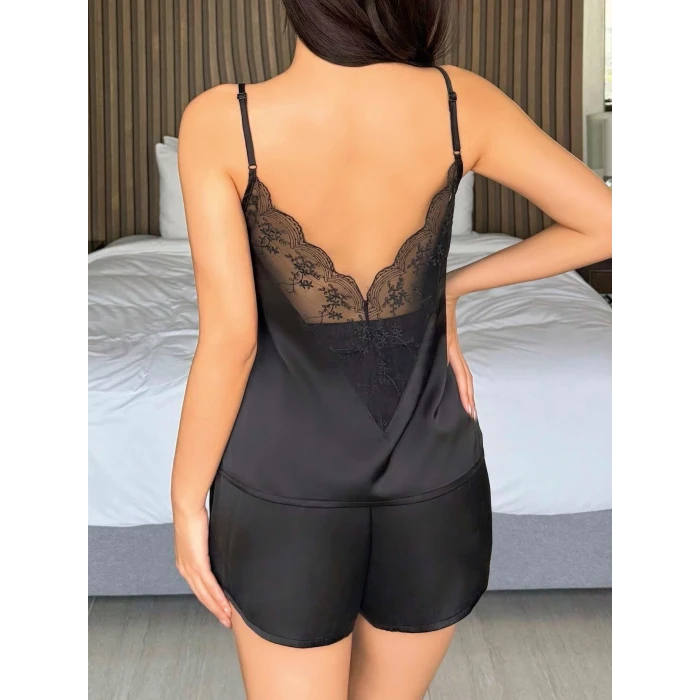 ieg™ Kadın Siyah  Şort Askılı Dantel Üst Pijama Takımı 2233