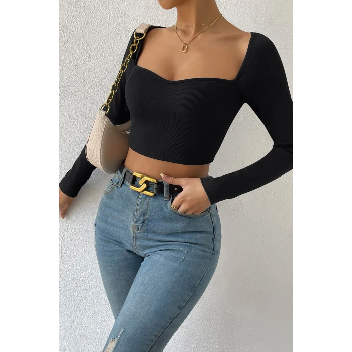 ieg™ Kadın Siyah Uzun Kol Göğüs Dekolteli Şık Crop Top Bluz