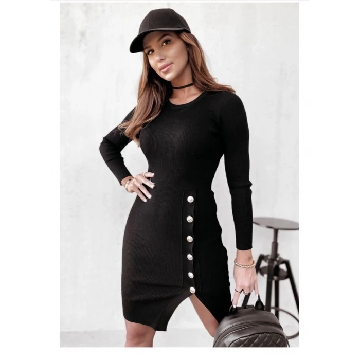 ieg™ Kadın Siyah Uzun Kollu Bisiklet Yaka Yan Yırtmaç Düğme Detay Kısa Kaşkorse Elbise