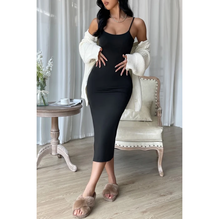 ieg™ Kadın Siyah Yırtmaçlı Diz Altı Vücüdu Saran Gecelik