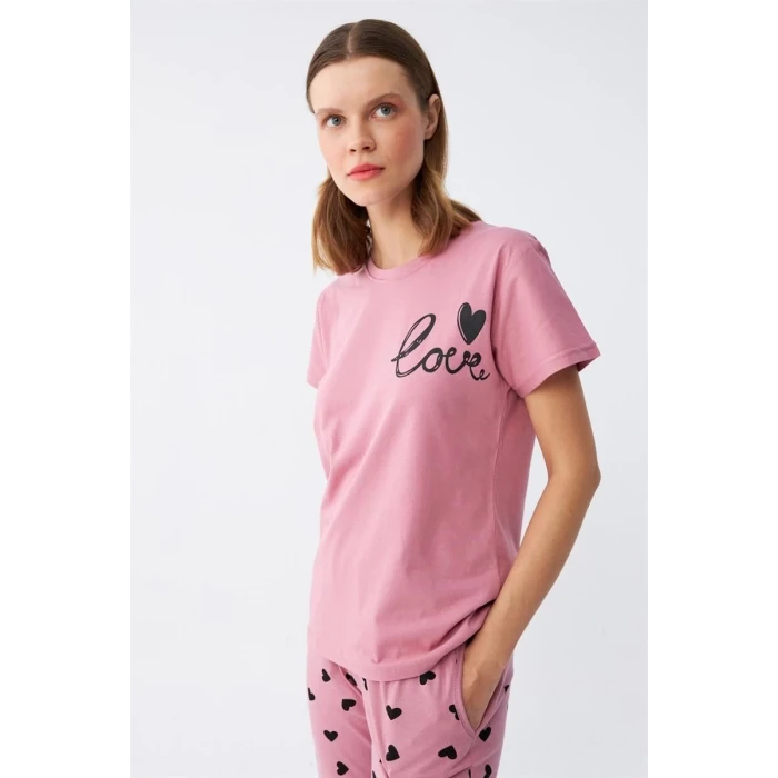 ieg ™ Kadın Somon Kalp Desenli Kısa Kollu Penye Pijama Takımı