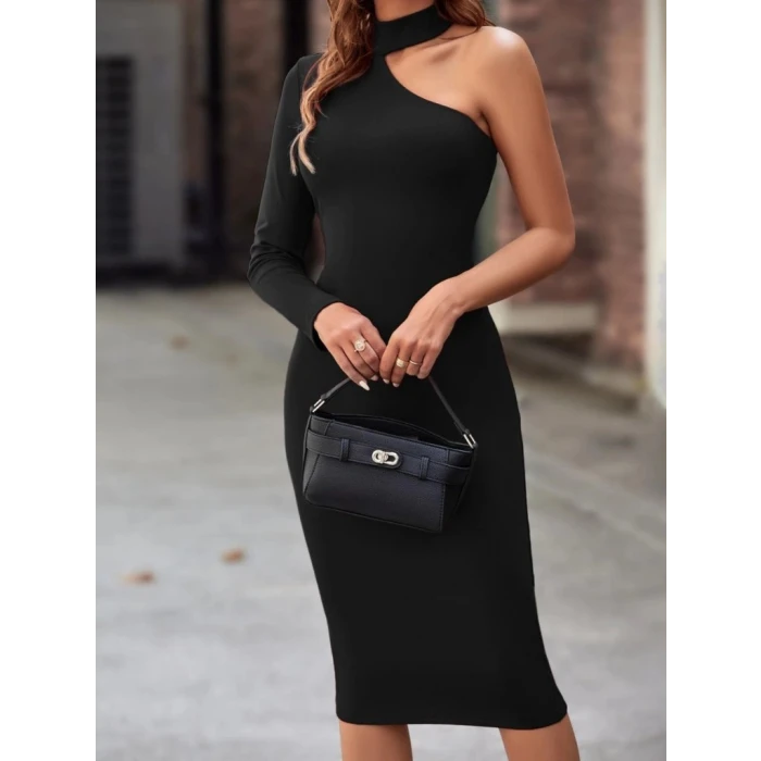 ieg™ Kadın Tek Omuzdan Açık Uzun Kollu Balıkçı Yaka Midi Ithal Krep Elbise