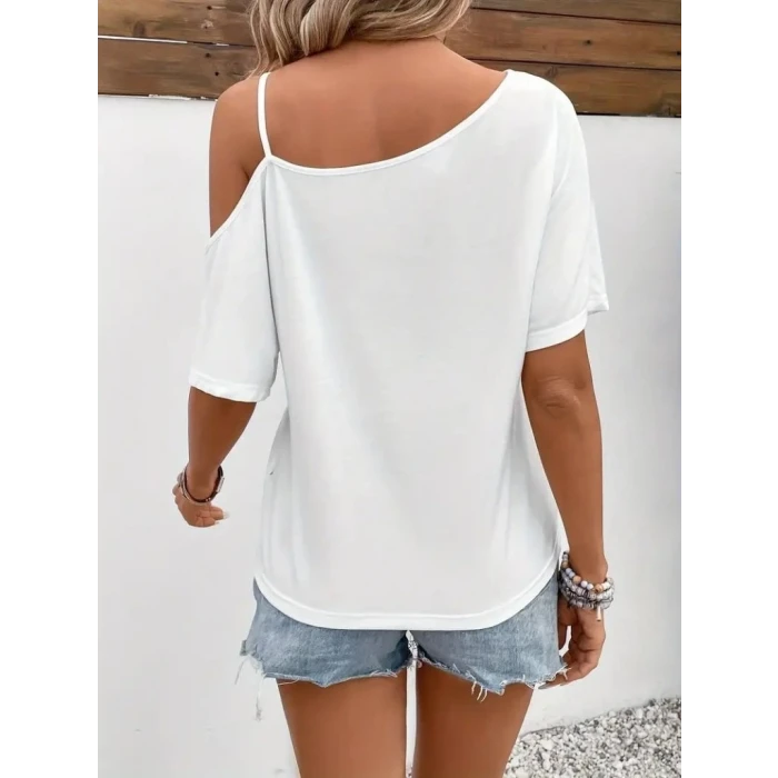 ieg™ Kadın Tek Omuzu Açık Ip Askılı Baskılı Viskon Bluz