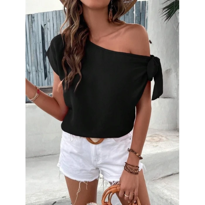 ieg™ Kadın Tek Omuzu Açık Koldan Bağlamalı Janjan Krep Bluz