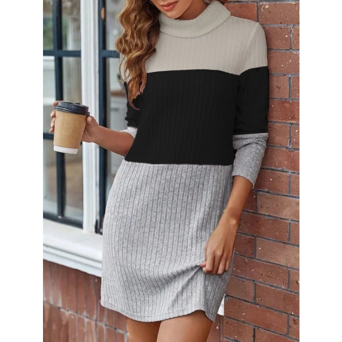 ieg™ Kadın Uzun Kollu Balıkçı Yaka çizgili çok Renkli Mini şardonlu Kaşkorsel Elbise