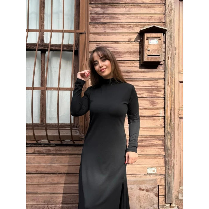 ieg™ Kadın Uzun Kollu Balıkçı Yaka Derin Yırtmaç Detay Krep Elbise