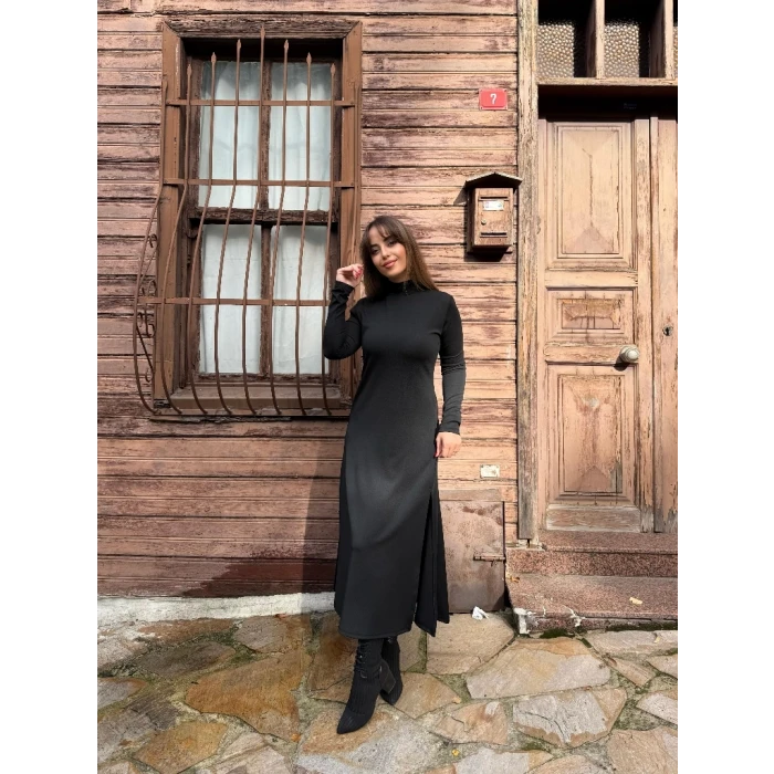 ieg™ Kadın Uzun Kollu Balıkçı Yaka Derin Yırtmaç Detay Krep Elbise