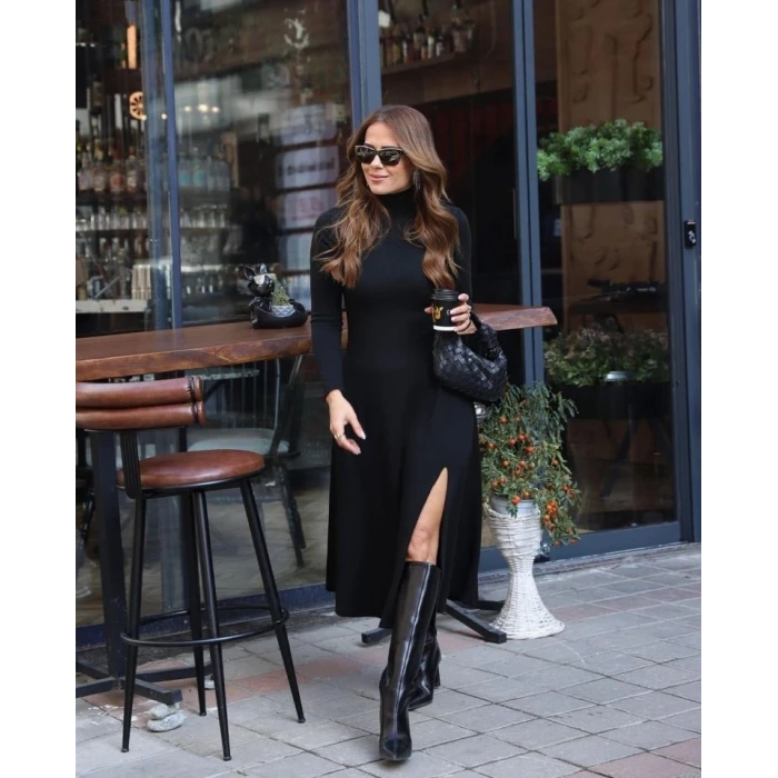 ieg™ Kadın Uzun Kollu Balıkçı Yaka Derin Yırtmaç Detay Krep Elbise