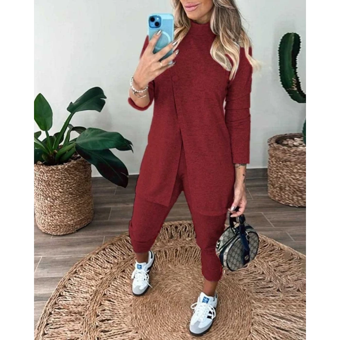 ieg™ Kadın Uzun Kollu Balıkçı Yaka önden Düğmeli Bluz Ve Pantolon Yumoş Ikili Takım