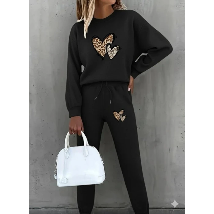 ieg™ Kadın Uzun Kollu Bisiklet Yaka Kalp Desenli şardonlu üç Iplik Bluz Ve Pantolon Ikili Takım