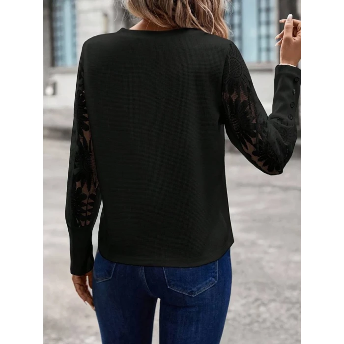 ieg™ Kadın Uzun Kollu Bisiklet Yaka Kolları çiçekli Waffle Bluz