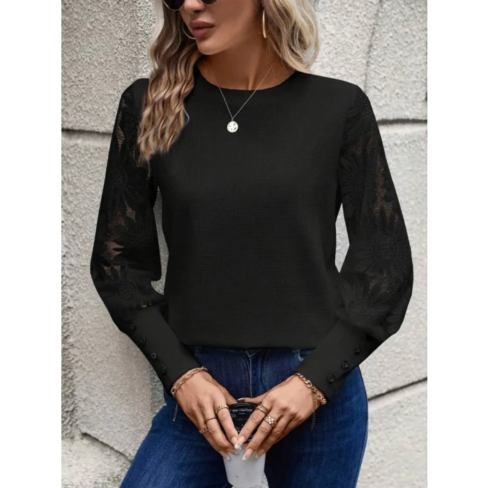 ieg™ Kadın Uzun Kollu Bisiklet Yaka Kolları çiçekli Waffle Bluz