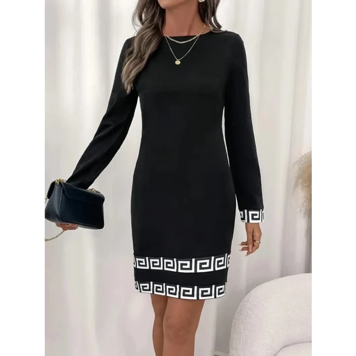 ieg™ Kadın Uzun Kollu Bisiklet Yaka Mini Ithal Krep Elbise