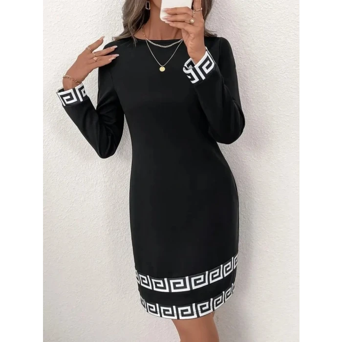 ieg™ Kadın Uzun Kollu Bisiklet Yaka Mini Ithal Krep Elbise