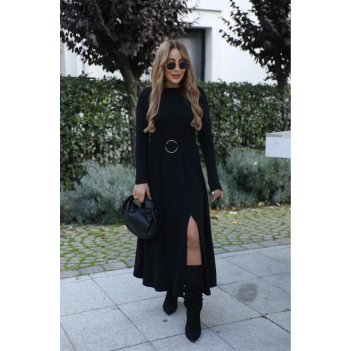 ieg™ Kadın Uzun Kollu Bisiklet Yaka önden Halka Detaylı Yırtmaçlı Uzun Viskon Iki Iplik Elbise