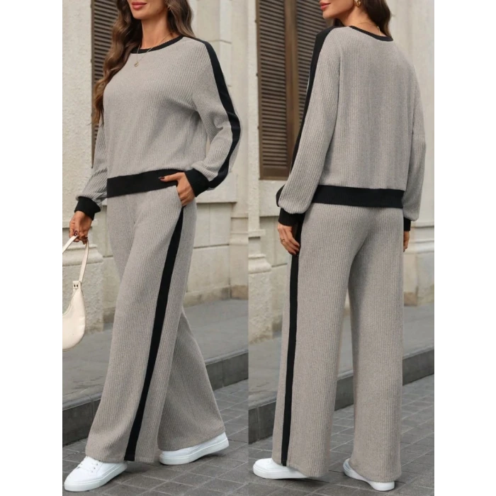 ieg™ Kadın Uzun Kollu Bisiklet Yaka şardonlu Kaşkorse Bluz Ve Pantolon Ikili Takım