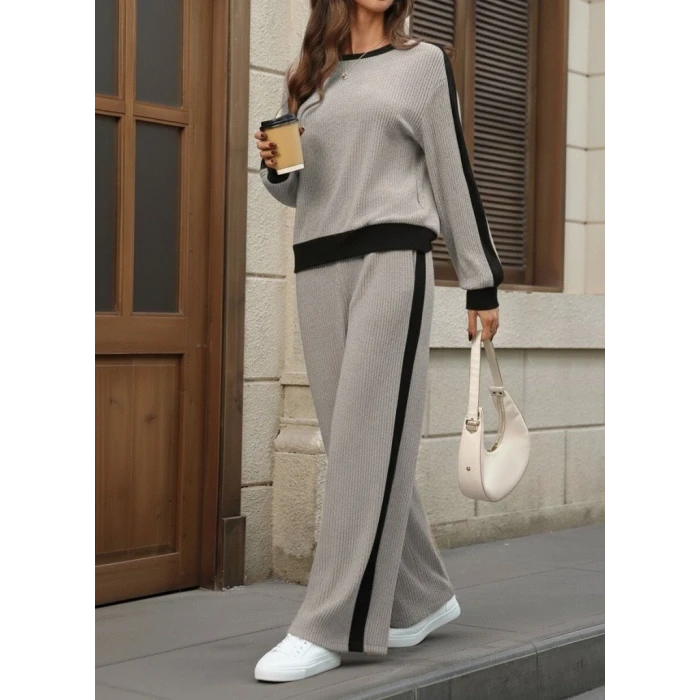 ieg™ Kadın Uzun Kollu Bisiklet Yaka şardonlu Kaşkorse Bluz Ve Pantolon Ikili Takım