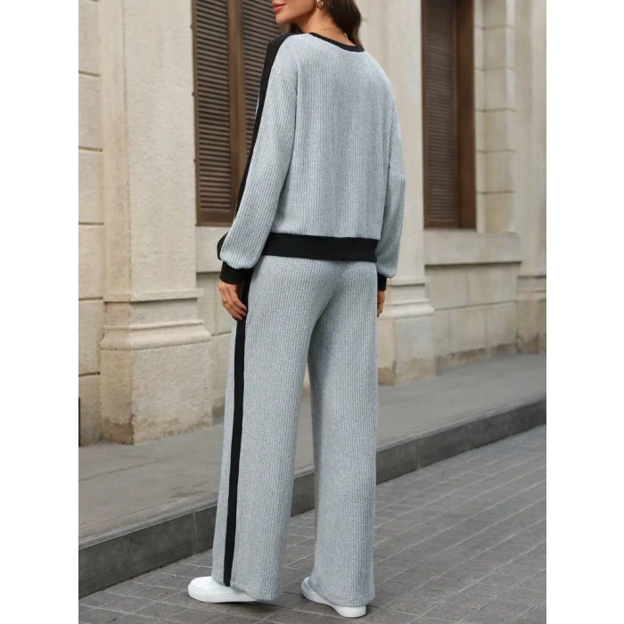 ieg™ Kadın Uzun Kollu Bisiklet Yaka şardonlu Kaşkorse Bluz Ve Pantolon Ikili Takım