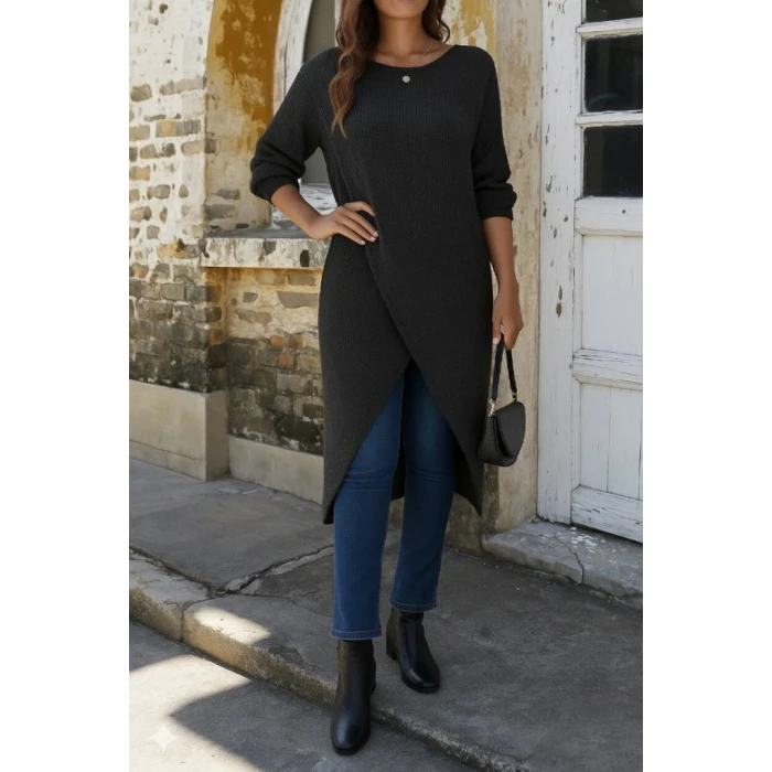 ieg™ Kadın Uzun Kollu Bisiklet Yakalı önden çapraz Kesim Detaylı Midi Triko Elbise