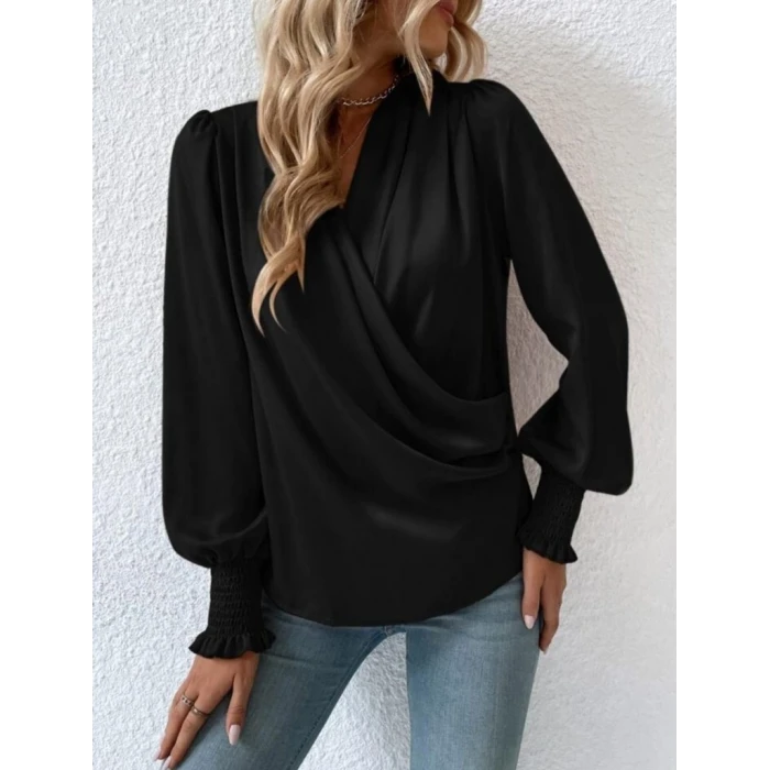 ieg™ Kadın Uzun Kollu Dökümlü Kruvaze Yaka Kol Ucu Gipeli Sandy Bluz