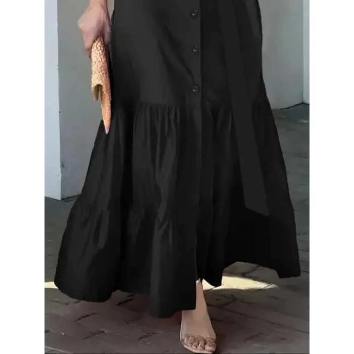 ieg™ Kadın Uzun Kollu Eteği Fırfırlı Beli Kuşaklı Trikoton Tam Boy Gömlek Elbise