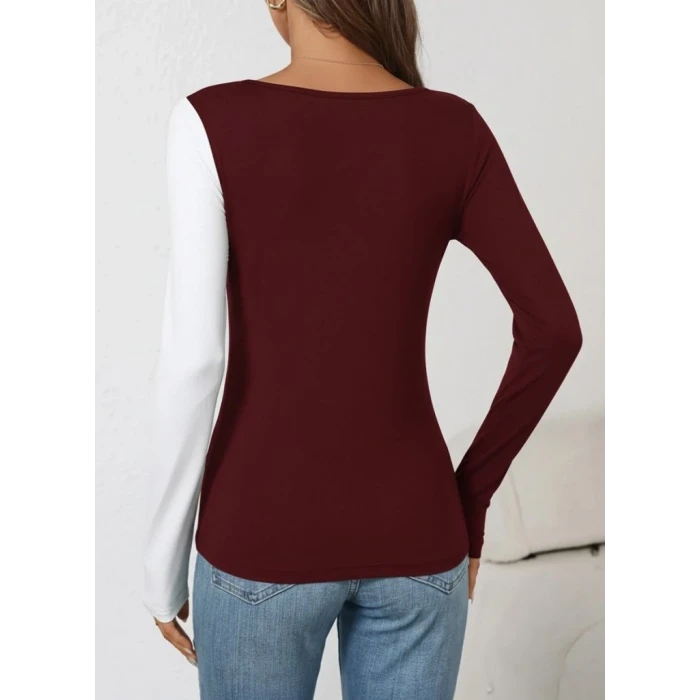 ieg™ Kadın Uzun Kollu Geometrik Yaka Detaylı çift Renkli Viskon Bluz