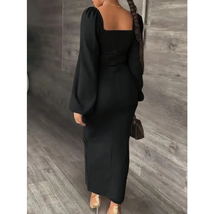 ieg™ Kadın Uzun Kollu Geometrik Yakalı Yandan Yırtmaçlı Uzun Janjan Krep Elbise