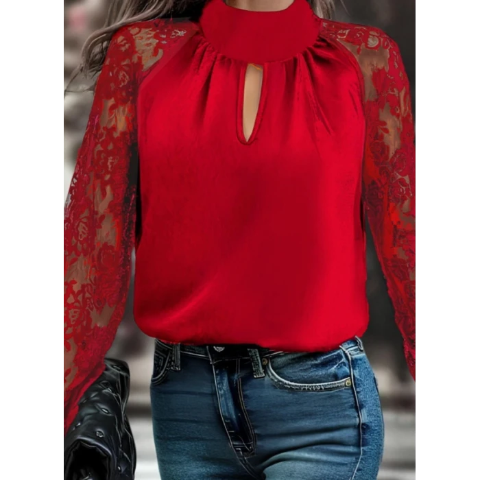 ieg™ Kadın Uzun Kollu Göğüs Pencere Detay Yaka Boğazlı Kolları Tüllü Sandy Bluz