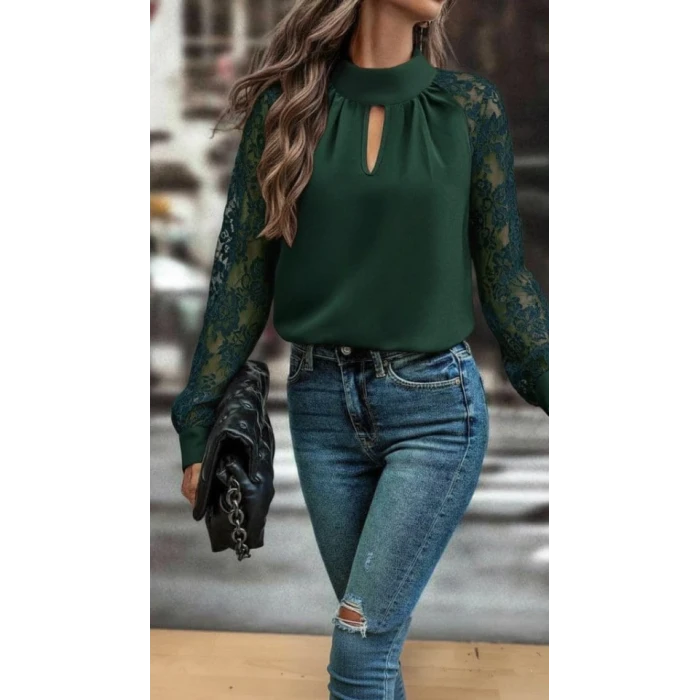 ieg™ Kadın Uzun Kollu Göğüs Pencere Detay Yaka Boğazlı Kolları Tüllü Sandy Bluz