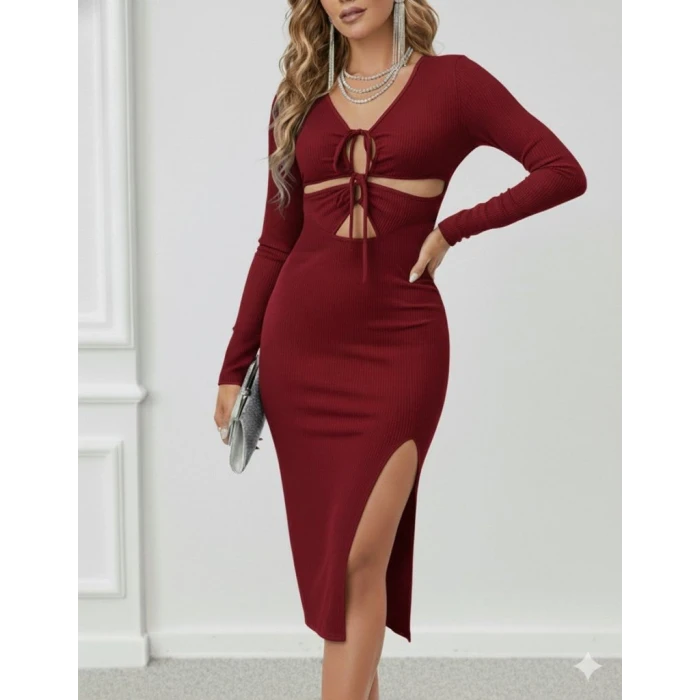 ieg™ Kadın Uzun Kollu Göğüs Ve Göbek Dekolte Detay Sandy Midi Boy Elbise