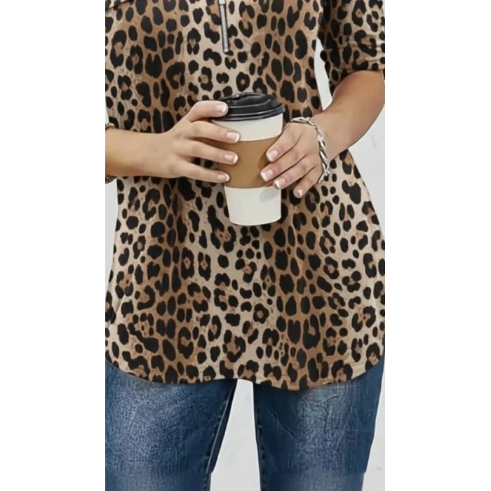 ieg™ Kadın Uzun Kollu Hakim Yaka Yakadan Fermuarlı Geometrik Desenli Süprem Bluz