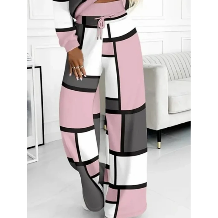 ieg™ Kadın Uzun Kollu Kapşonlu Bağcıklı Desenli Iki Iplik Bluz Ve Pantolon Ikili Takım