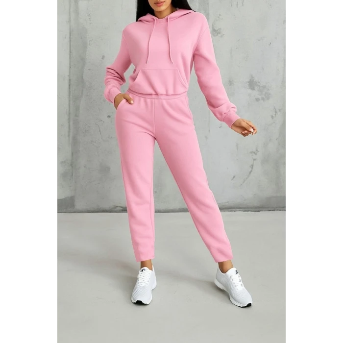 ieg™ Kadın Uzun Kollu Kapşonlu Bağcıklı üç Iplik Bluz Ve Pantolon Ikili Takım