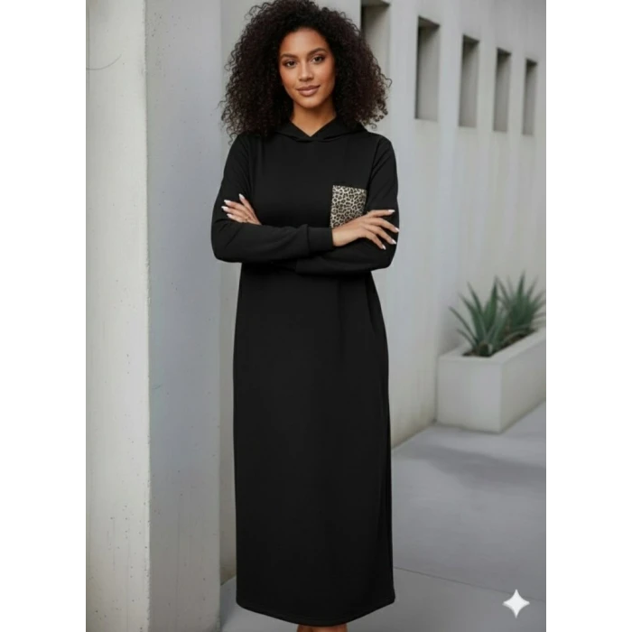 ieg™ Kadın Uzun Kollu Kapşonlu Cep Detaylı Viskon Iki Iplik Maxi Elbise