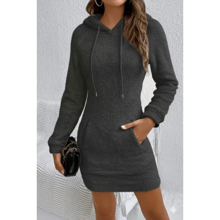 ieg™ Kadın Uzun Kollu Kapşonlu Cepli Mini Peluş Elbise