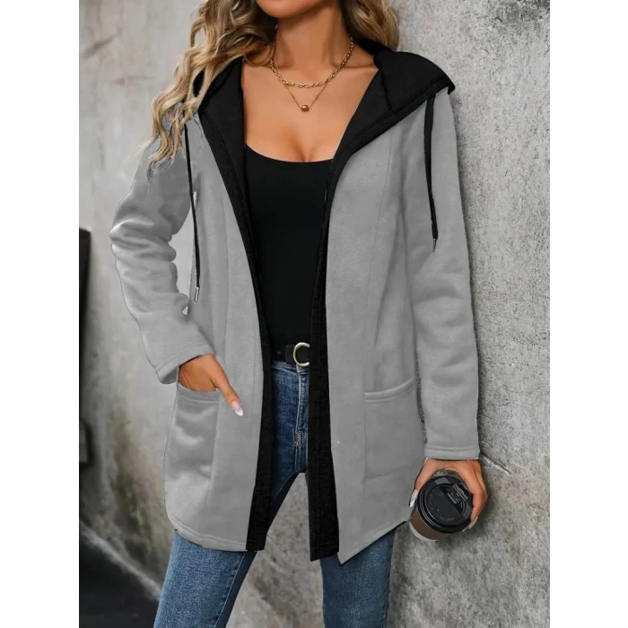 ieg™ Kadın Uzun Kollu Kapşonlu çift Renkli şardonlu Iki Iplik Ceket