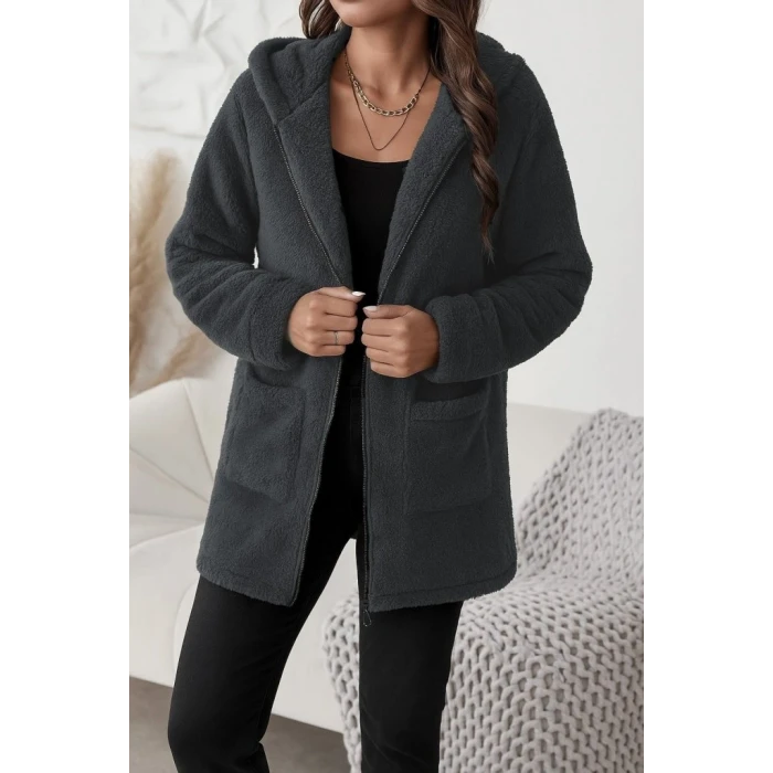 ieg™ Kadın Uzun Kollu Kapşonlu önden Fermuarlı Cepli Welsoft Ceket