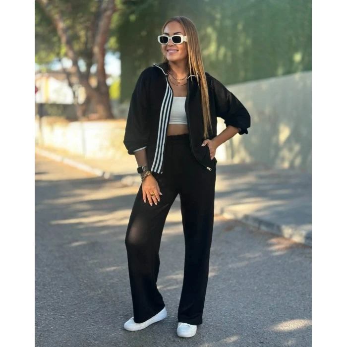 ieg™ Kadın Uzun Kollu Kapşonlu Onu şerit Detaylı Fermuarlı Viskon Iki Iplik Bluz Ve Pantolon Ikili Takım