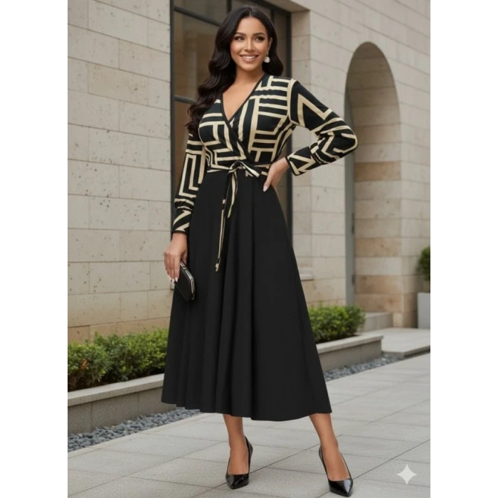 ieg™ Kadın Uzun Kollu Kruvaze Yaka Dalgıç Krep Midi Boy Elbise