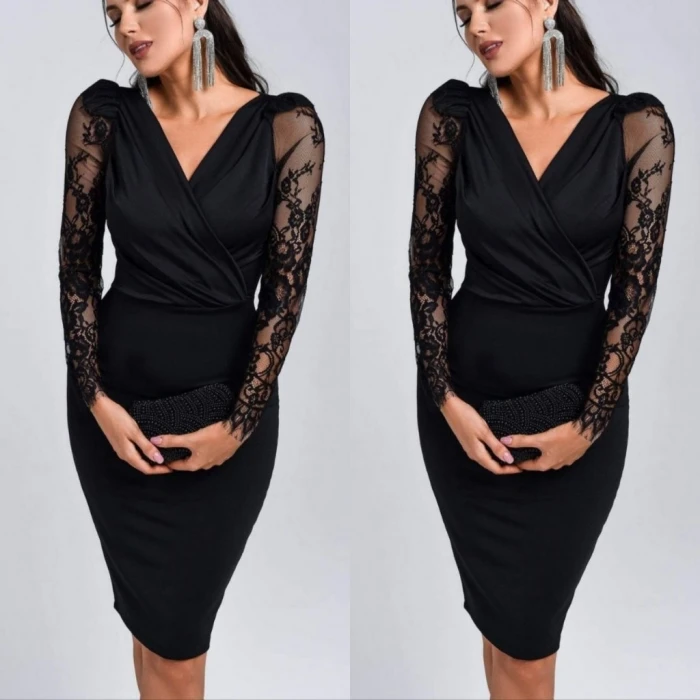 ieg™ Kadın Uzun Kollu Kruvaze Yaka Kollar Tül Detay Krep Mini Boy Elbise