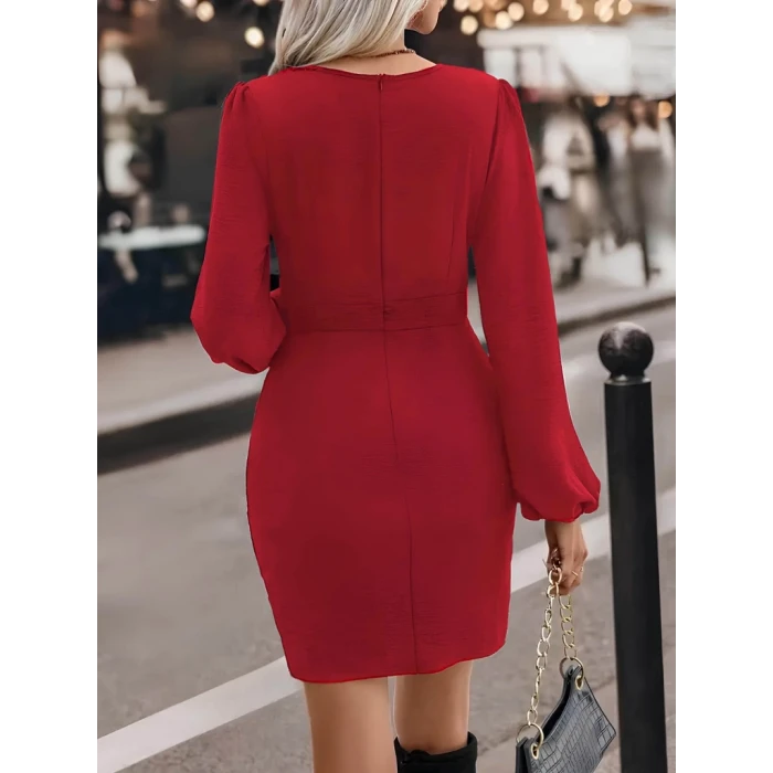 ieg™ Kadın Uzun Kollu Kruvaze Yaka Yandan Büzgülü Asimetrik Detaylı Ithal Krep Mini Elbise