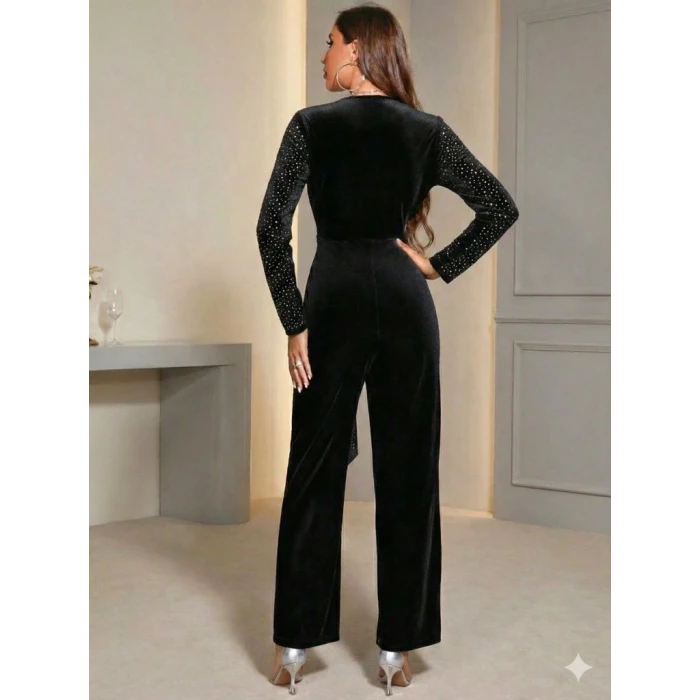 ieg™ Kadın Uzun Kollu Kruvaze Yakalı Belden Kuşaklı ışıltılı Kadife Tulum