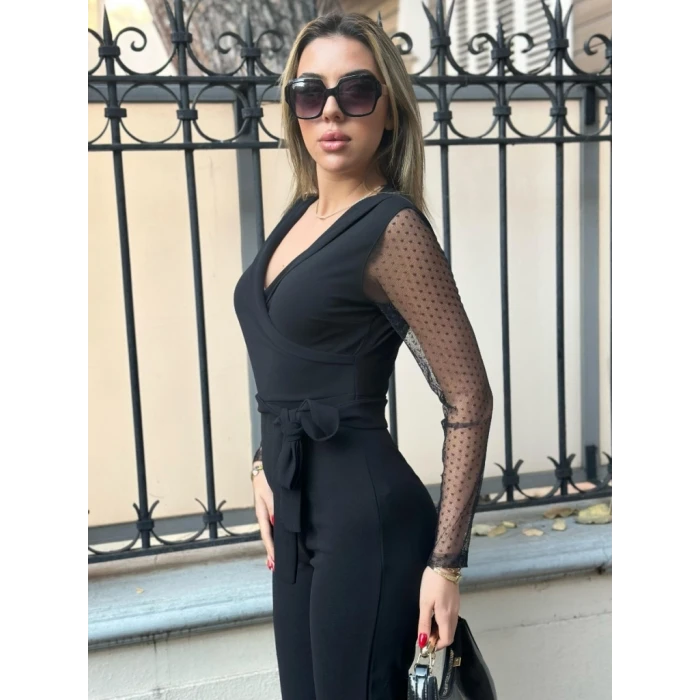 ieg™ Kadın Uzun Kollu Kruvaze Yakalı Kolları Tül Detay Beli Kuşaklı Ithal Krep Tulum