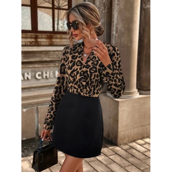 ieg™ Kadın Uzun Kollu Kruvaze Yakalı üst Dalgıç Alt Ithal Krep Mini Elbise