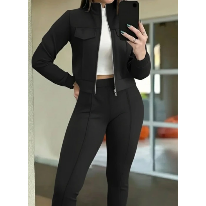 ieg™ Kadın Uzun Kollu önden Fermuarlı Kısa Modal Ceket Ve Pantolon Ikili Takım